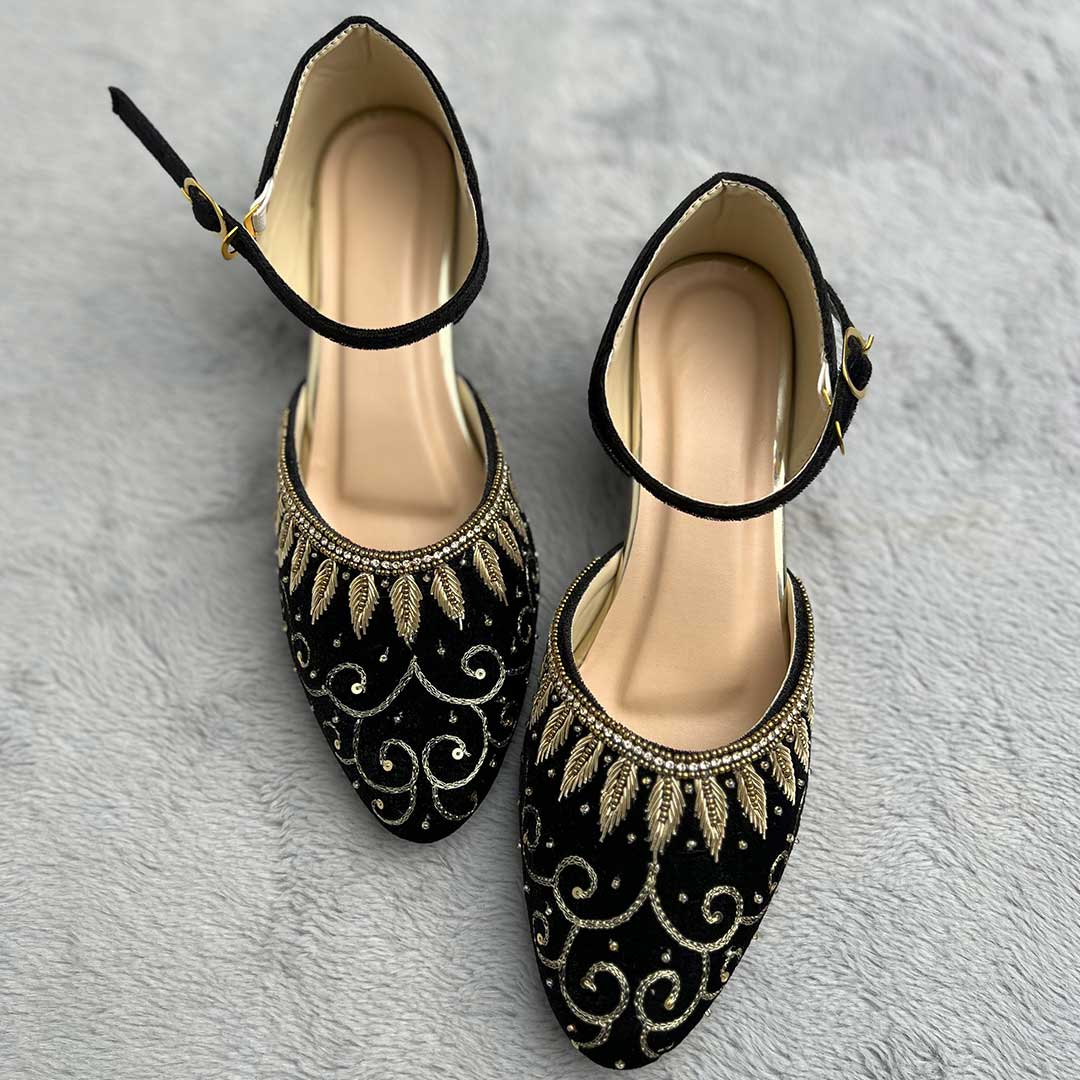 Black Embroidered Block Heels for Women – Stylish & Comfortable