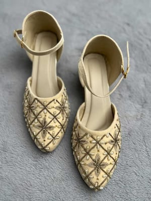 Golden Embroidered Block Heels for Women – Stylish & Comfortable